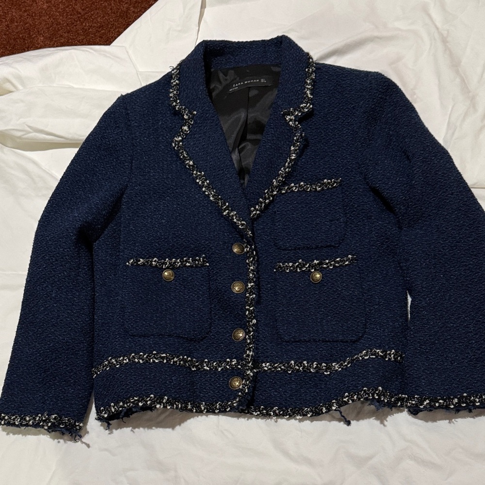 Zara women’s tweed blazer jacket blue L large
